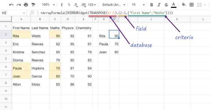 DGET Array Formula in Google Sheets - Example