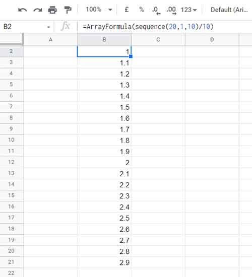 Get Sequence of Decimals in Google Sheets - Array Formula