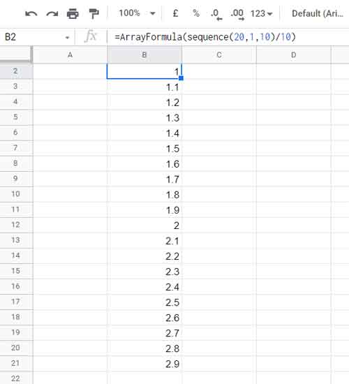 Séquence de décimales dans Google Sheets - Formule de tableau