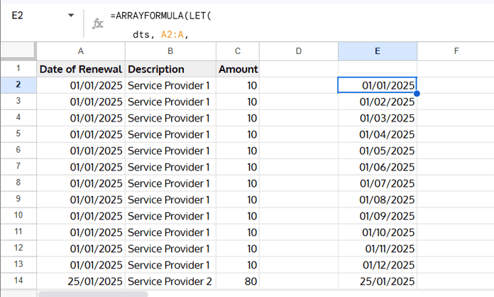 Automatically adjust duplicate dates by month in Google Sheets