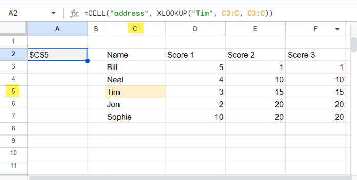 Finding the Cell Address of a Lookup Value in Google Sheets