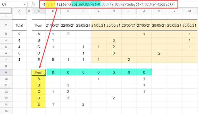 Last 7, 30, and 60 Days Total in Each Row - DSUM formula Step