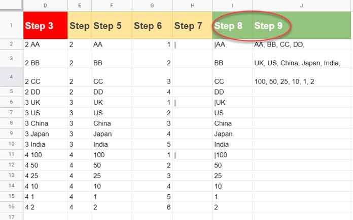 Steps 8 and 9 - Array Formula to Remove Duplicates from Comma Delimited Strings