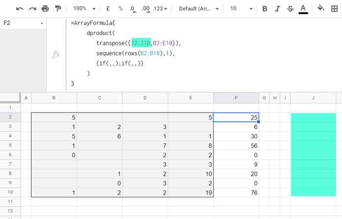 DPRODUCT without field labels in Google Sheets