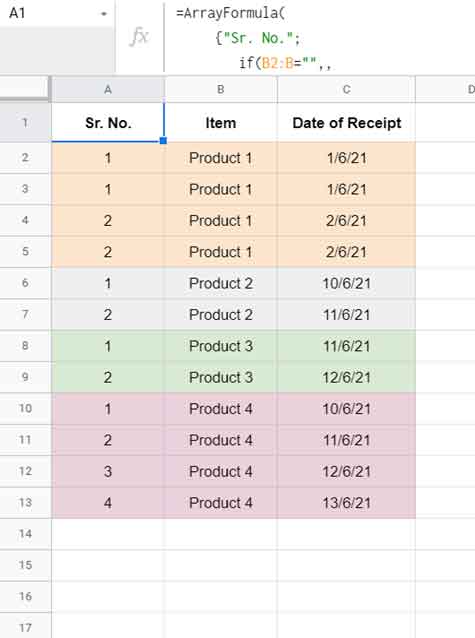 Dependent Serial Numbers - Array Formula in Google Sheets