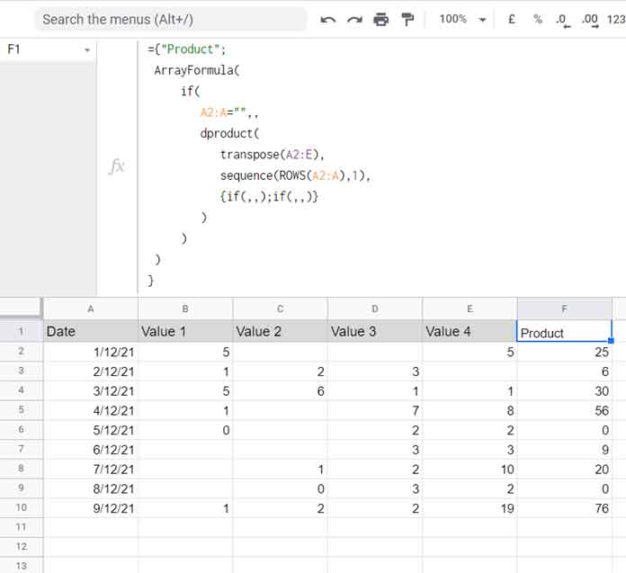 DPRODUCT formula for row-wise multiplication 