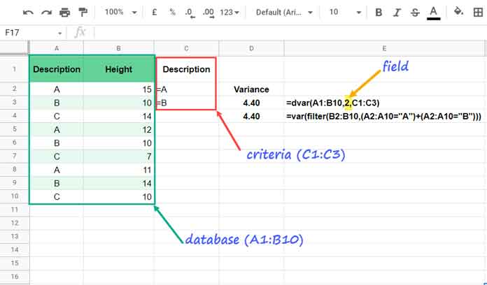DVAR database function Vs. VAR statistical function in Google Sheets