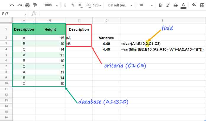 Comparison of the DVAR Database Function and the VAR Statistical Function in Google Sheets