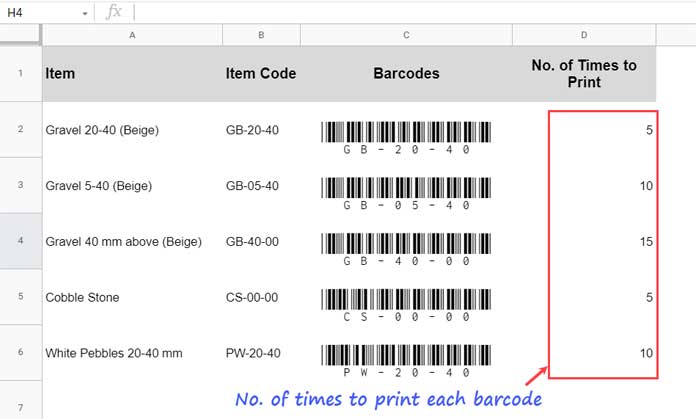 Repeat Created Barcodes N Times in Google Sheets