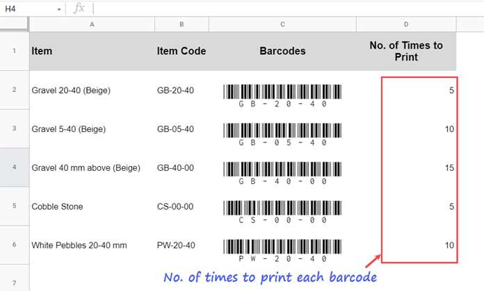 Répéter les codes-barres créés plusieurs fois dans Google Sheets