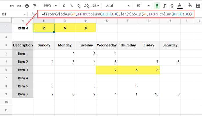 Filter Vlookup Result Columns in Google Sheets - Example