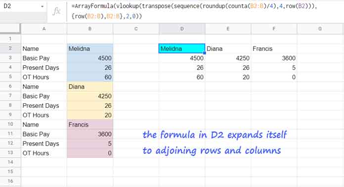 A dynamic formula to move each set of rows to columns