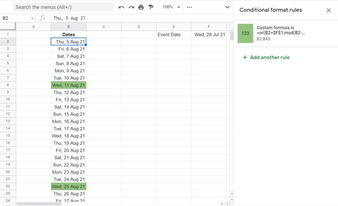 Rule to Highlight Recurring Event Dates in Google Sheets