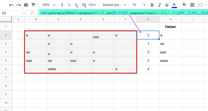 Row-Wise Length of Longest String in Sheets