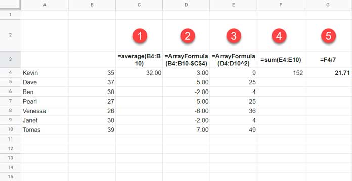 Variance of Population - Calculation Explained in Google Sheets