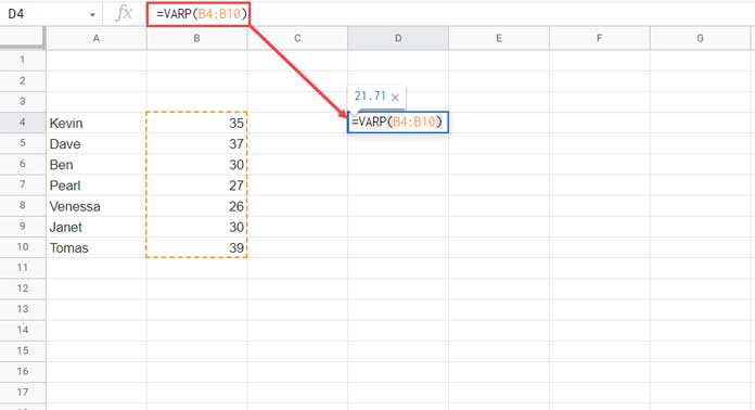VARP Function in Google Sheets for Variance Calculation