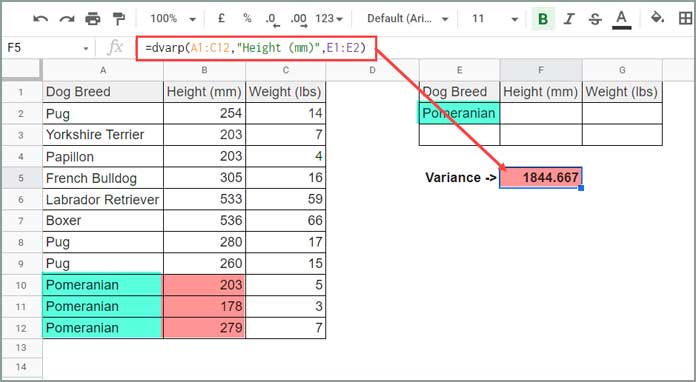 DVARP Function in a Database Like Table in Google Sheets