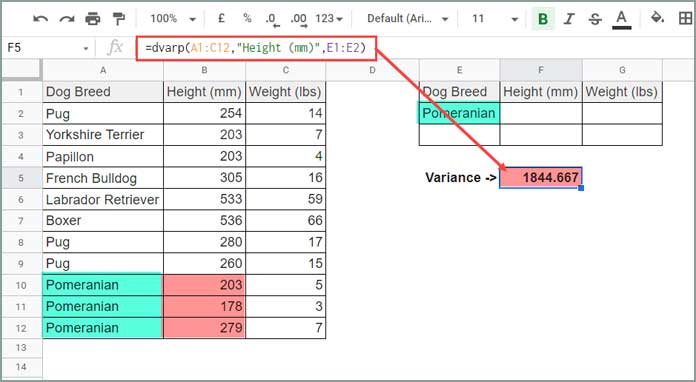 DVARP Function Example in a Database-like Table in Google Sheets