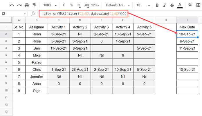 Max Date in Each Row in Google Sheets