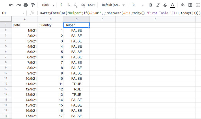 Helper Column to Identify Rolling N Days Data for in Pivot Table