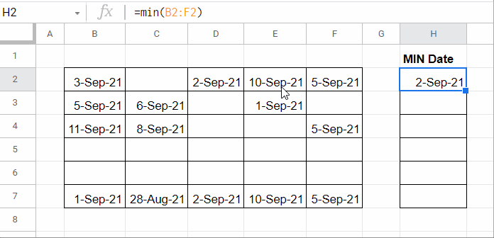 Drag-Down Min Formula in Date Range and Issues