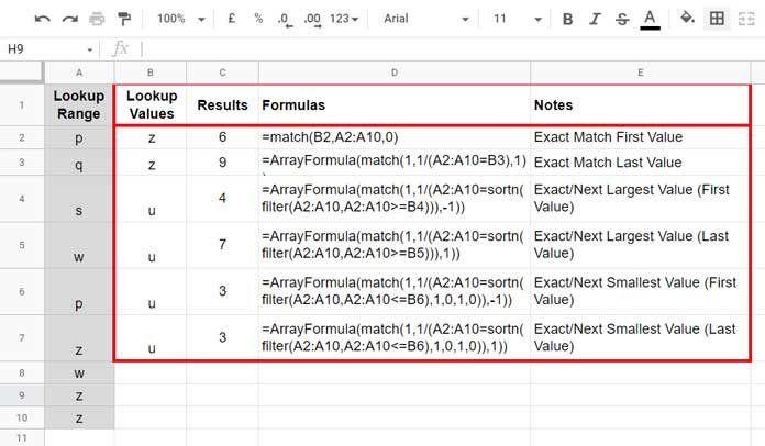 XMATCH function alternative formulas in Google Sheets - Text Strings