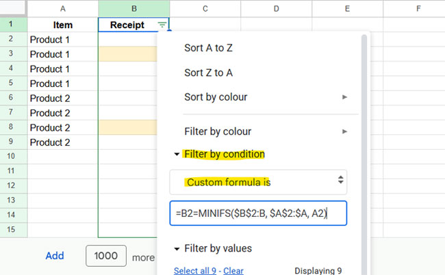 Example of finding the minimum value in each group using the Filter menu