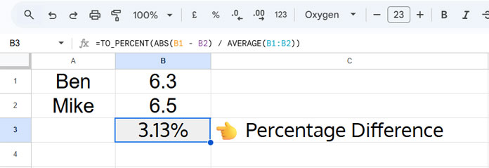 Percentage difference of height between two people in Google Sheets
