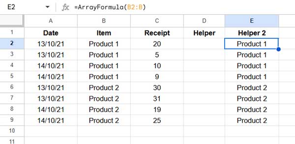 Helper column for grouping data by a single column in a Pivot Table in Google Sheets