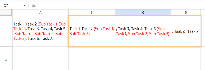 Google Sheets text split into separate chunks at closing brackets using SUBSTITUTE and SPLIT formula
