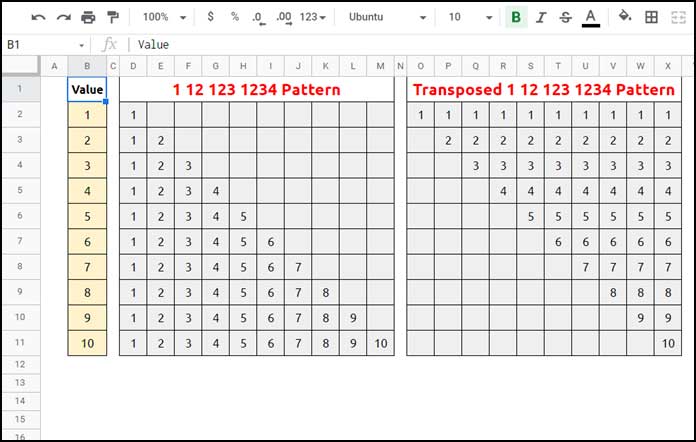 Array Formula to Get 1-12-123-1234 Patterns in Google sheets