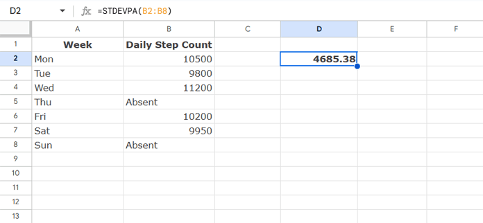Google Sheets STDEVPA function example calculating population standard deviation from step count data