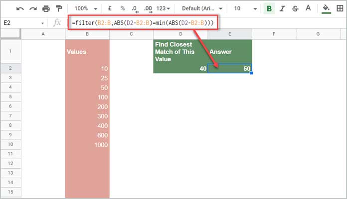 Find Closest Match in Google Sheets - Using Filter