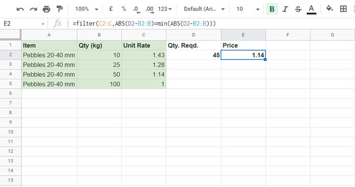 Find Closest Match of Quantity and Return Unit Rate