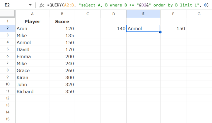Google Sheets QUERY formula returning the closest score greater than or equal to the lookup value