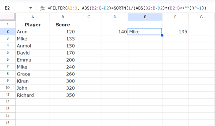 Google Sheets FILTER formula showing closest score match to a lookup value