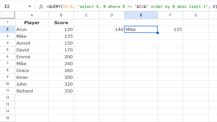 Google Sheets QUERY formula returning the closest score less than or equal to the lookup value