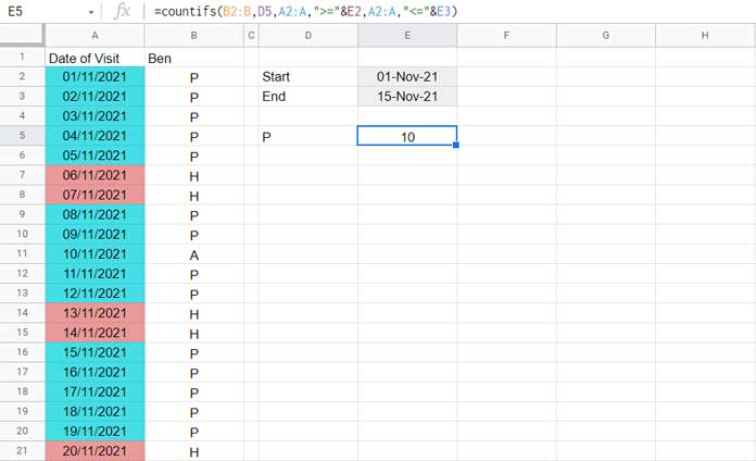 Count Values Between Two Dates - Basic Formula in Sheets