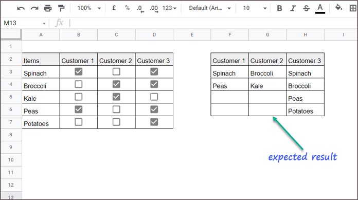 List from Multiple Column Checked Tick Boxes - Example