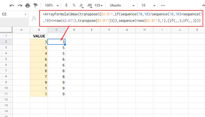 Running Max Array Formula in Google Sheets