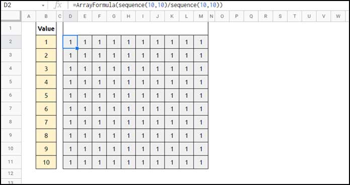 Sequence Matrix Fill Converted to 1