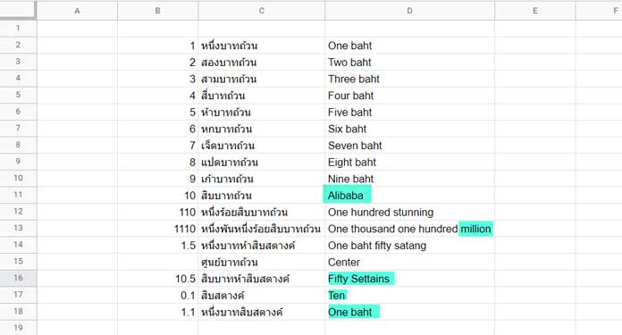 Combined Use of BAHTTEXT and GOOGLETRANSLATE Functions in Google Sheets