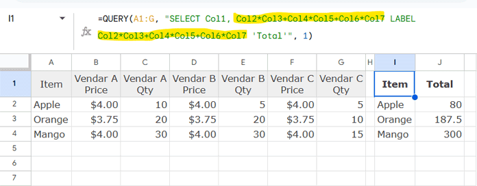 Google Sheets formula showing dynamic SEQUENCE adjustment for varying vendor price and quantity pairs