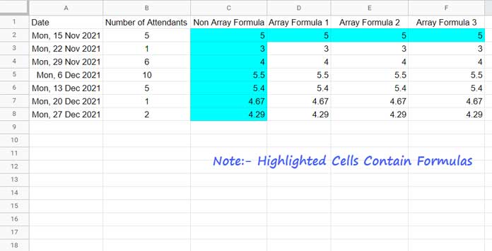 Running Average Array Formulas in Google Sheets