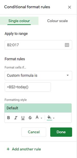 Single Color Rule Settings in Sheets