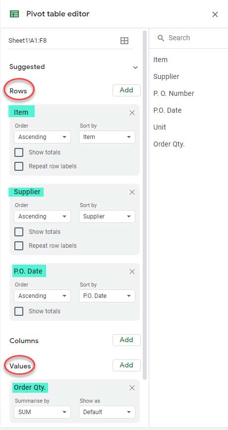 Pivot Table Settings - Multiple Columns