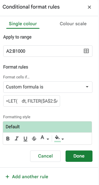 Google Sheets conditional format panel with custom formula for highlighting duplicates by date difference