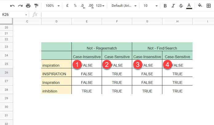 NOT in REGEXMATCH in Google Sheets - Array Formulas