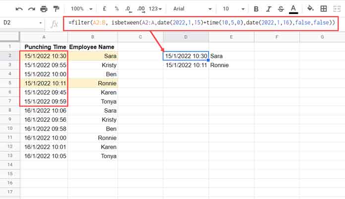 Example to DATETIME Criteria within FILTER Function in Google Sheets