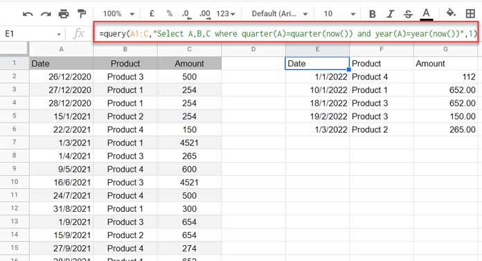 Current Quarter and Previous Quarter in Google Sheets - Calendar Year